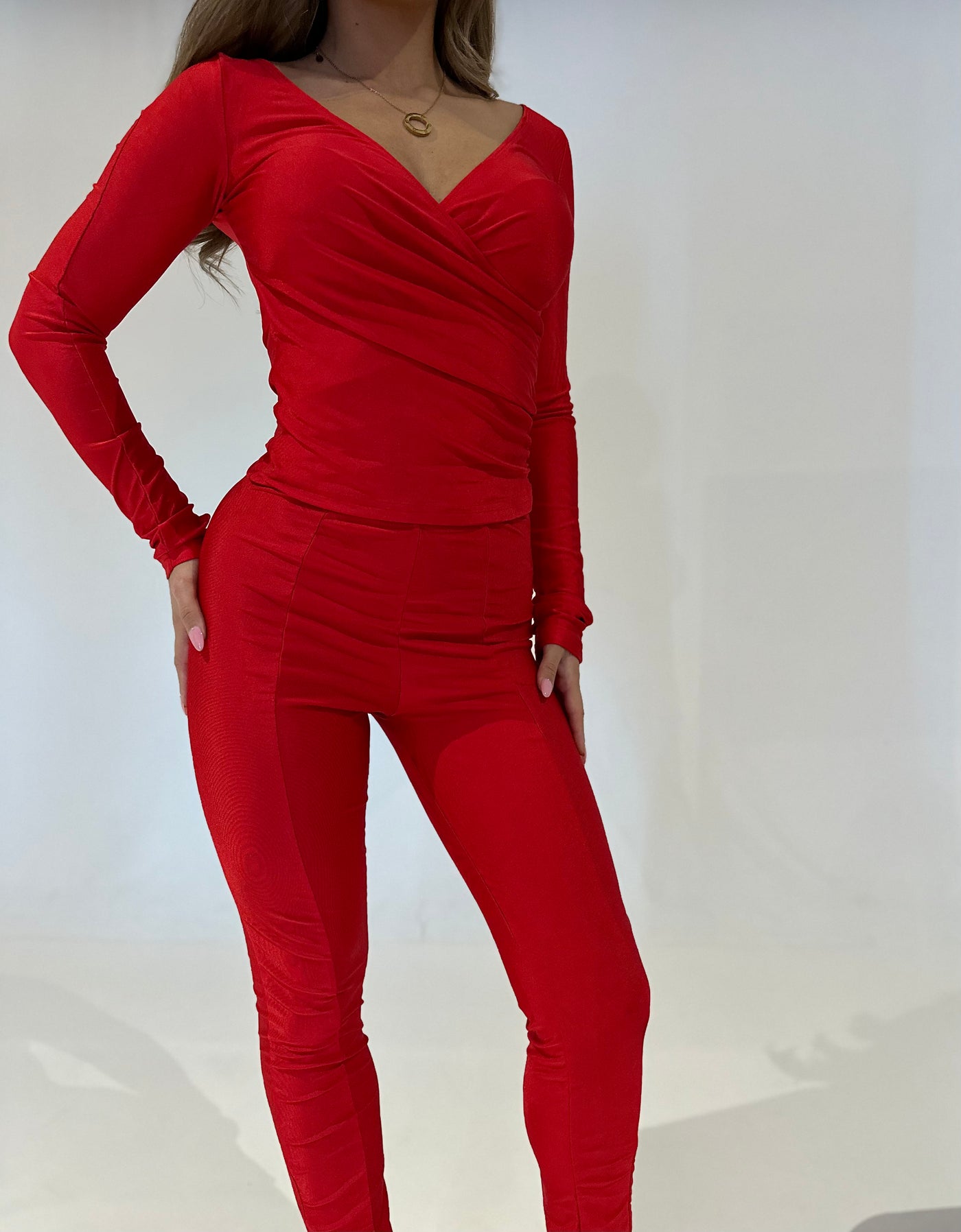 KYRA Wrap Detail Thumb Hole Two Piece Red