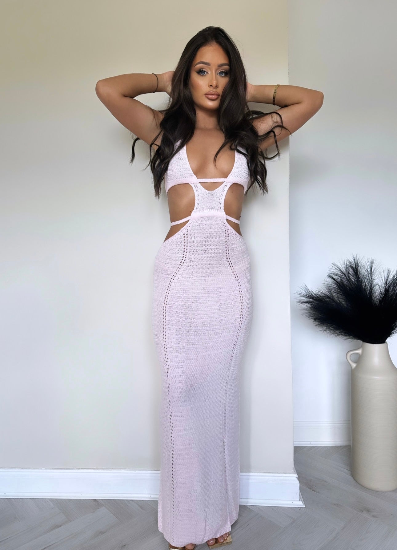 JAYLEN Crochet Cut Out Maxi Dress Pink