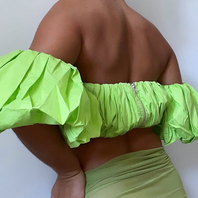 DAHLIA Premium Ruffle Bardot Lime Green Top