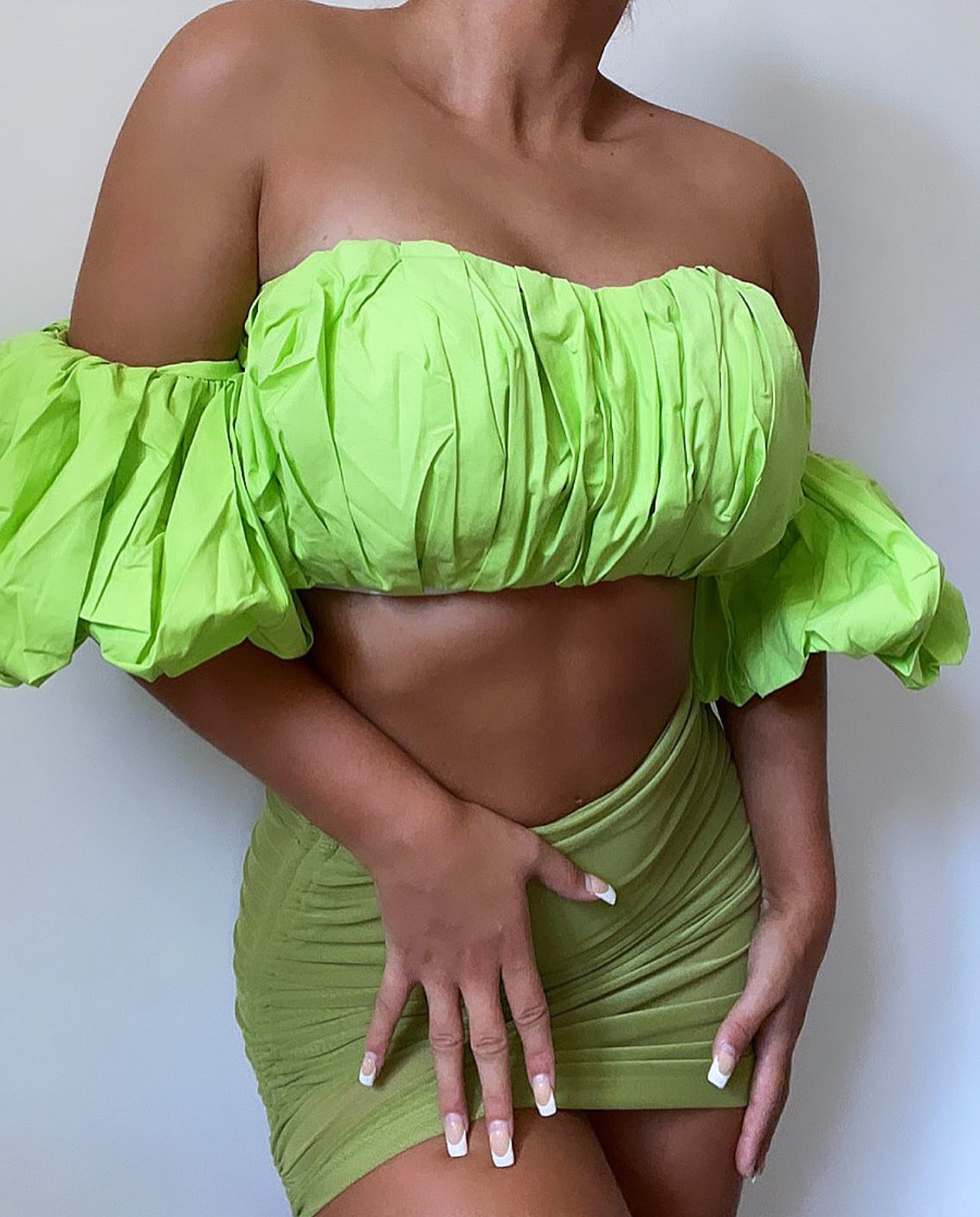 DAHLIA Premium Ruffle Bardot Lime Green Top