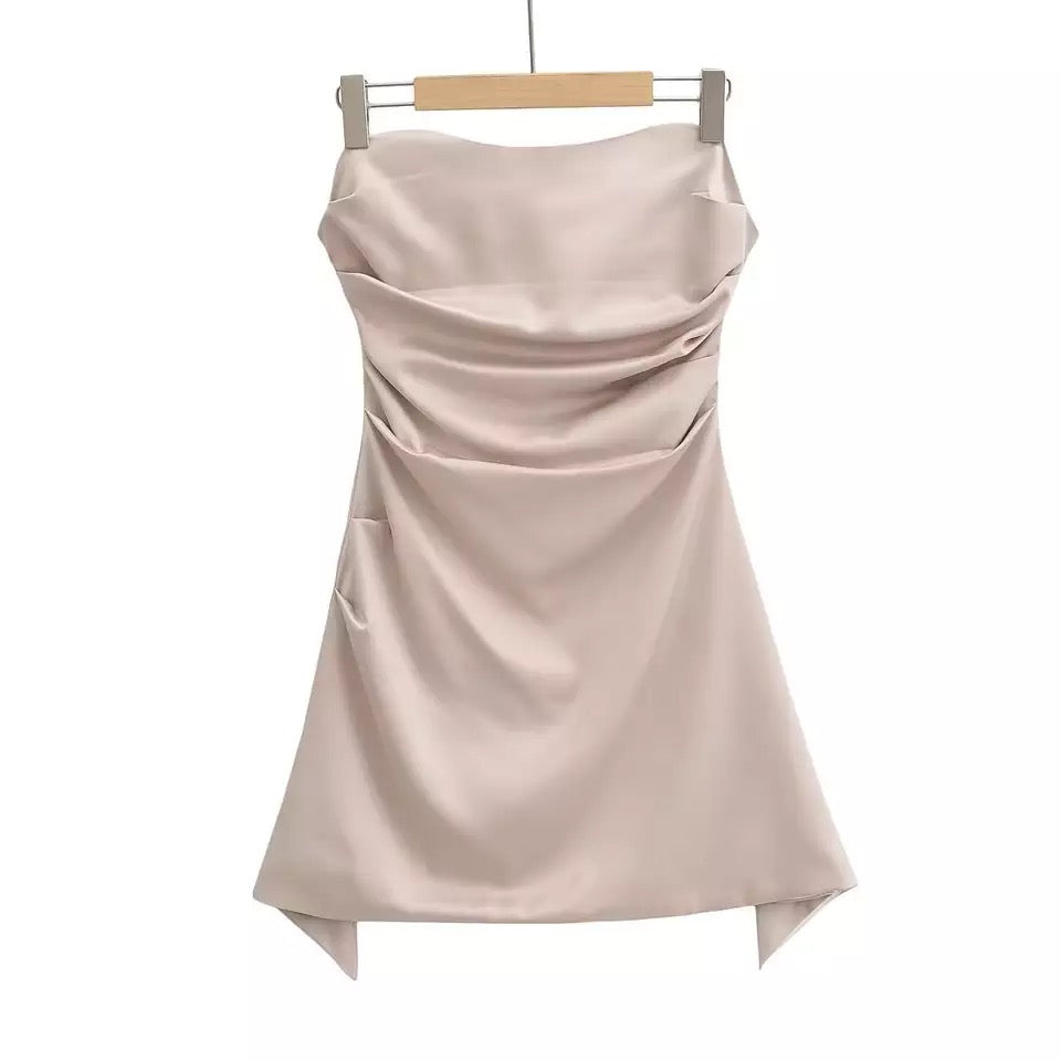 CILIAN Corset Style Strapless Satin Mini Dress Silver Nude