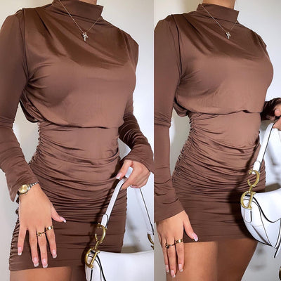 MONROE High Neck Drape Split Sleeve Mini Dress Chocolate